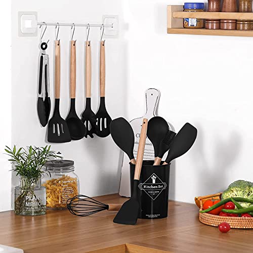 Kitchenware Set wood and silicone 12-piece non-stick frying cooking baking utensils (BPA Free) (Black)