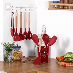 kitchenware set wood and silicone 12-piece non-stick frying cooking baking utensils (bpa free) (red)