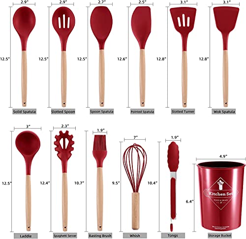 Kitchenware Set wood and silicone 12-piece non-stick frying cooking baking utensils (BPA Free) (Red)