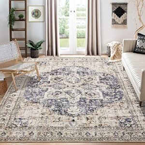 area rug living room rugs - 5x7 washable boho rug vintage oriental distressed farmhouse large thin indoor carpet for living room bedroom under dining table home office - cream blue