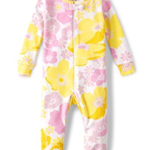 The Children's Place Baby Girls' and Toddler Long Sleeve 100% Cotton Zip-Front One Piece Pajama, Pink/Yellow Floral, 0-3 Months