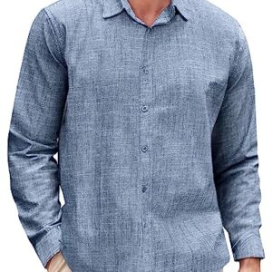 COOFANDY Men's Cotton Linen Long Sleeve Shirt Untuckit Business Button Down Shirts Dark Blue