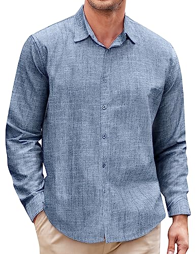 COOFANDY Men's Cotton Linen Long Sleeve Shirt Untuckit Business Button Down Shirts Dark Blue