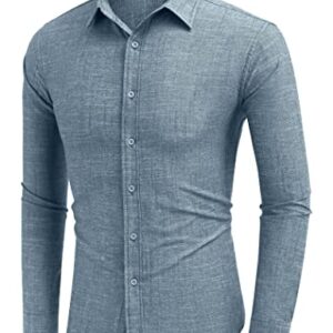 COOFANDY Men's Cotton Linen Long Sleeve Shirt Untuckit Business Button Down Shirts Dark Blue