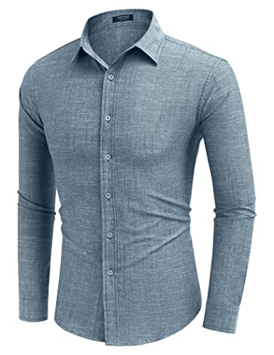 COOFANDY Men's Cotton Linen Long Sleeve Shirt Untuckit Business Button Down Shirts Dark Blue