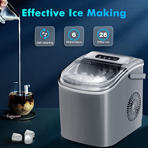 Ice Maker Countertop 9 ice Cubes Ready in 6 Mins with Handle, Portable Ice Machine with ice Scoop and Basket Self-Cleaning Ice Makers, Up to 26 lbs for Home Kitchen Office Bar Party -Grey