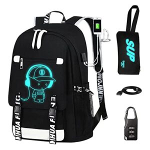 XIASUAR Luminous Pattern Travel Laptop Backpack - Adjustable Shoulder Strap Waterproof Black Backpack With Usb Charging Port & Headphone Port School Backpack Includes Pencil Bag,combination Lock