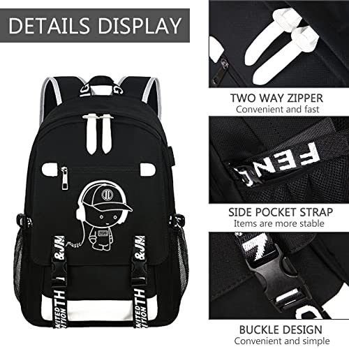 XIASUAR Luminous Pattern Travel Laptop Backpack - Adjustable Shoulder Strap Waterproof Black Backpack With Usb Charging Port & Headphone Port School Backpack Includes Pencil Bag,combination Lock