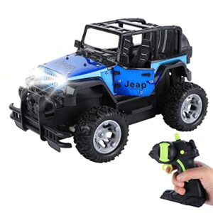 onthego rc truck jeep, 4wd off-road remote control car suv with light, metal racing vehicle toy car with spring suspension/door open/storage case for kids boys(blue)