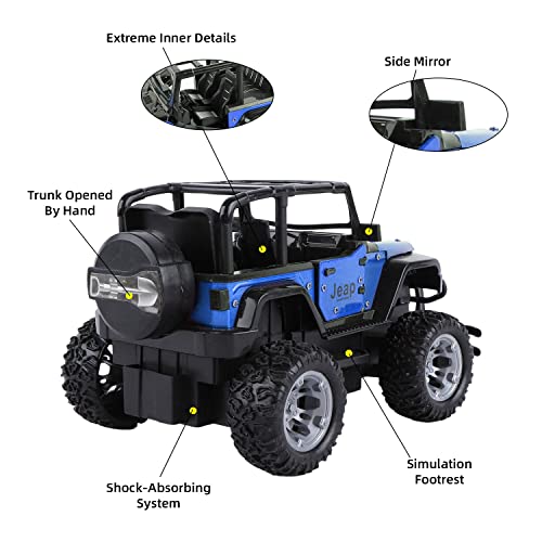 onthego RC Truck Jeep, 4WD Off-Road Remote Control Car SUV with Light, Metal Racing Vehicle Toy Car with Spring Suspension/Door Open/Storage Case for Kids Boys(Blue)