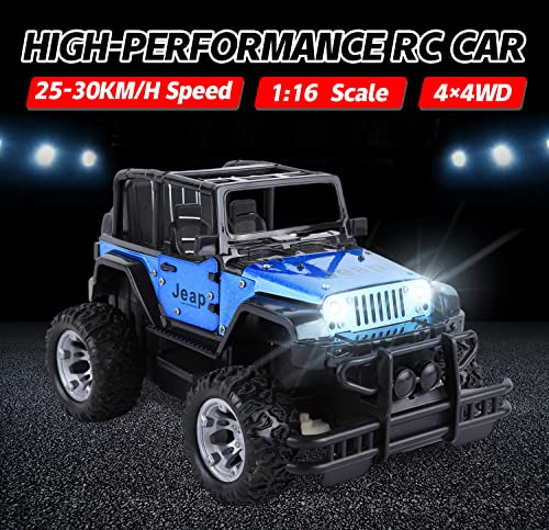 onthego RC Truck Jeep, 4WD Off-Road Remote Control Car SUV with Light, Metal Racing Vehicle Toy Car with Spring Suspension/Door Open/Storage Case for Kids Boys(Blue)