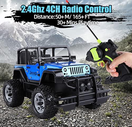 onthego RC Truck Jeep, 4WD Off-Road Remote Control Car SUV with Light, Metal Racing Vehicle Toy Car with Spring Suspension/Door Open/Storage Case for Kids Boys(Blue)