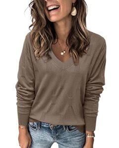 arach&cloz women's spring fall tops fashion 2023 v neck long sleeve pullover jumper knitted casual sweater (nutmeg, medium)