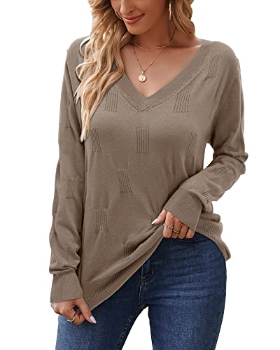 Arach&Cloz Women's Spring Fall Tops Fashion 2023 V Neck Long Sleeve Pullover Jumper Knitted Casual Sweater (Nutmeg, Medium)