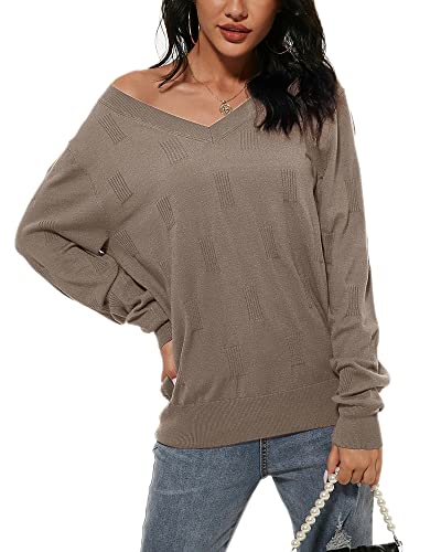 Arach&Cloz Women's Spring Fall Tops Fashion 2023 V Neck Long Sleeve Pullover Jumper Knitted Casual Sweater (Nutmeg, Medium)