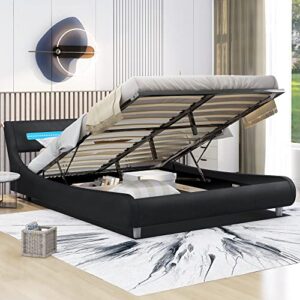 mwrouqfur low profile upholstered platform bed with led lights headboard, hydraulic lifting under bed storage, modern curved pu upholstered low profile platform bed frame for kids teens adults
