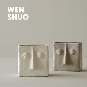 WENSHUO Abstract Square Face Pen Holder, Modern and Minimalistic Desk Accessories, Matte Crème