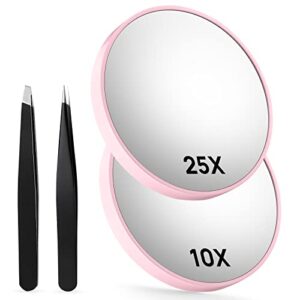 omiro 10x & 25x magnifying mirrors with two eyebrow tweezers kits, 3.5" two suction cups magnifier set for travel (pink)