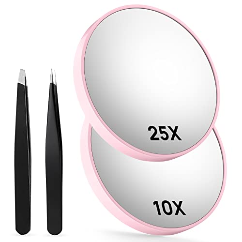 OMIRO 10X & 25X Magnifying Mirrors with Two Eyebrow Tweezers Kits, 3.5" Two Suction Cups Magnifier Set for Travel (Pink)