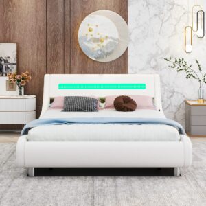 Low Profile Upholstered Platform Bed with LED Lights Headboard, Hydraulic Lifting Under Bed Storage, Modern Curved PU upholstered Low Profile Platform Bed Frame for Kids Teens Adults (White, Full)