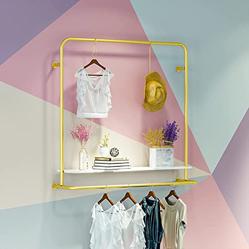 NEOCHY Wall-Mounted Clothes Rail, Clothes Display Rack with Shelves and 2 Rails, Industrial Tube Hangers, Closet Racks/Golden/100Cm