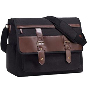 celvetch laptop messenger bag - pu leather briefcase for men canvas shoulder bag computer bag for work travel college - black