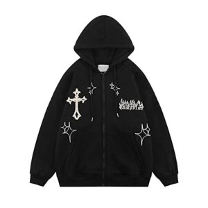 bopoft y2k hoodie zip up men women fashion cross graphic long sleeve y2k goth clothing aesthetic sweatshirt streetwear jacket black l