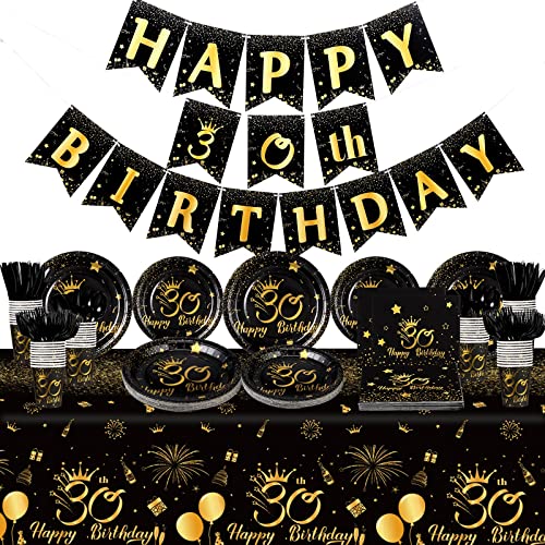 170 Pieces 30th Birthday Party Supplies Disposable Party Dinnerware Set with Plates Napkins Cups Banner 30th Birthday Tablecloth Black and Gold 30th Party Decoration for Men and Women, Serves 24