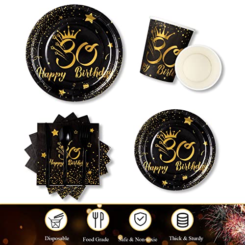 170 Pieces 30th Birthday Party Supplies Disposable Party Dinnerware Set with Plates Napkins Cups Banner 30th Birthday Tablecloth Black and Gold 30th Party Decoration for Men and Women, Serves 24