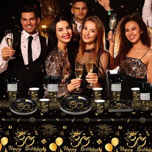 170 Pieces 30th Birthday Party Supplies Disposable Party Dinnerware Set with Plates Napkins Cups Banner 30th Birthday Tablecloth Black and Gold 30th Party Decoration for Men and Women, Serves 24