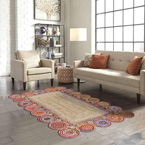 casavani indian hand braided rug geometric beige & multicolor jute & cotton rug indoor hall room decor carpet best uses for hallway eterway & loundry room 4x6 6x8 3x3 feet square