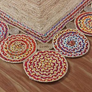 CASAVANI Indian Hand Braided Rug Geometric Beige & Multicolor Jute & Cotton Rug Indoor Hall Room Decor Carpet Best Uses for Hallway Eterway & Loundry Room 4x6 6x8 3x3 Feet Square