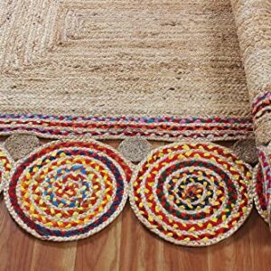 CASAVANI Indian Hand Braided Rug Geometric Beige & Multicolor Jute & Cotton Rug Indoor Hall Room Decor Carpet Best Uses for Hallway Eterway & Loundry Room 4x6 6x8 3x3 Feet Square