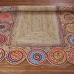 CASAVANI Indian Hand Braided Rug Geometric Beige & Multicolor Jute & Cotton Rug Indoor Hall Room Decor Carpet Best Uses for Hallway Eterway & Loundry Room 4x6 6x8 3x3 Feet Square