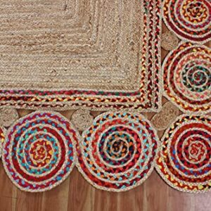 CASAVANI Indian Hand Braided Rug Geometric Beige & Multicolor Jute & Cotton Rug Indoor Hall Room Decor Carpet Best Uses for Hallway Eterway & Loundry Room 4x6 6x8 3x3 Feet Square