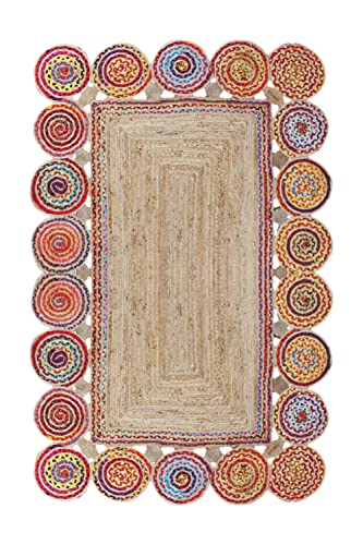 CASAVANI Indian Hand Braided Rug Geometric Beige & Multicolor Jute & Cotton Rug Indoor Hall Room Decor Carpet Best Uses for Hallway Eterway & Loundry Room 4x6 6x8 3x3 Feet Square