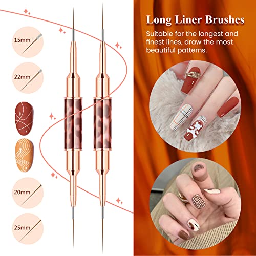 Raindon Nail Art Liner Brushes - Nail Art Design Pen Painting Tools Liner Brush UV Gel Polish Painting Nail Design Brush Metal Handle for Pulling Lines, Details (brown)