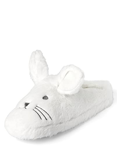 The Children's Place Unisex Slippers, White Bunny-Adult, Large Big_Kid