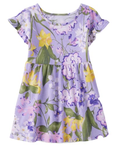 The Children's Place Baby Toddler Girls Short Sleeve Casual Dresses, Flower Purple, 9-12 Months