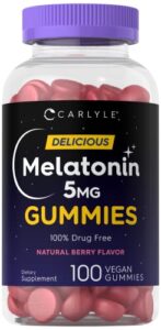 carlyle melatonin 5mg gummies | 100 count | 1 gummy per serving | natural berry flavor | 100% drug free | non-gmo, gluten free supplement
