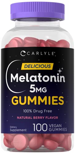 Carlyle Melatonin 5mg Gummies | 100 Count | 1 Gummy Per Serving | Natural Berry Flavor | 100% Drug Free | Non-GMO, Gluten Free Supplement