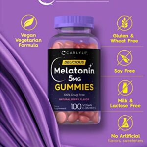 Carlyle Melatonin 5mg Gummies | 100 Count | 1 Gummy Per Serving | Natural Berry Flavor | 100% Drug Free | Non-GMO, Gluten Free Supplement