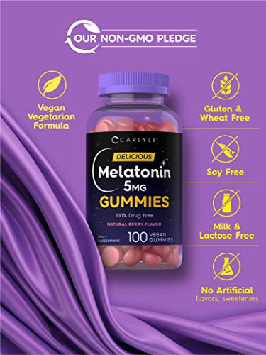Carlyle Melatonin 5mg Gummies | 100 Count | 1 Gummy Per Serving | Natural Berry Flavor | 100% Drug Free | Non-GMO, Gluten Free Supplement