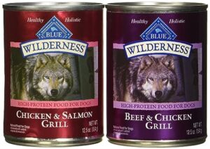 blue buffalo wilderness high protein beef and chicken & salmon and chicken wet dog food variety pack for adult dogs, grain-free, 12.5 oz. cans (6 pack)