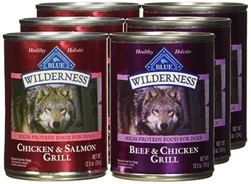 Blue Buffalo Wilderness High Protein Beef and Chicken & Salmon and Chicken Wet Dog Food Variety Pack for Adult Dogs, Grain-Free, 12.5 oz. Cans (6 Pack)