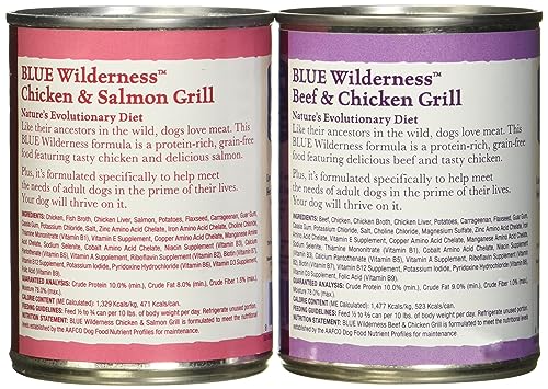 Blue Buffalo Wilderness High Protein Beef and Chicken & Salmon and Chicken Wet Dog Food Variety Pack for Adult Dogs, Grain-Free, 12.5 oz. Cans (6 Pack)