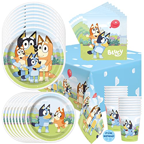 Bluey Birthday Party Supplies For 16 - Bluey Party Supplies | Bluey Party Decorations | Bluey Birthday Decorations | Bluey Decorations For Birthday Party | Plates, Napkins, Cups, Table Cloth & Sticker