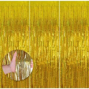 aimtohome 3.3 ft x 8.2 ft metallic tinsel foil fringe curtains, tinsel backdrop shimmer foil rain curtain ，pack of 4 streamer backdrop (gold)