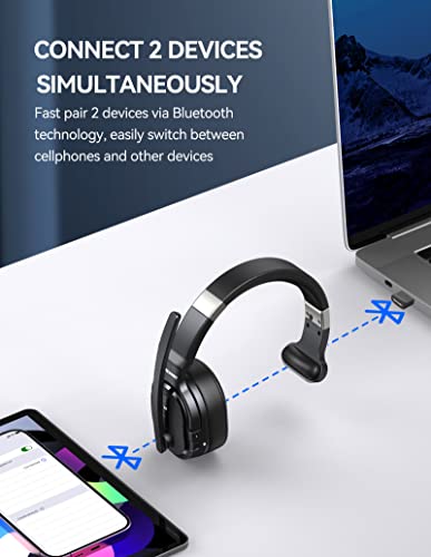 TECKNET Trucker Bluetooth Headset, Over-Ear 70h AI Noise Canceling Wireless Headphones with Microphone, Comfort ENC Bluetooth Headset with Dongle & Mute for PC Phone Laptop Office Home Skype Zoom