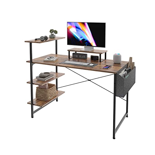 Innerjoin 47 inch Computer Desk with Shelves, Home Office Desk with Monitor Stand, 4 Tier Shelves, Storage Bag, Metal Frames, Rustic Brown